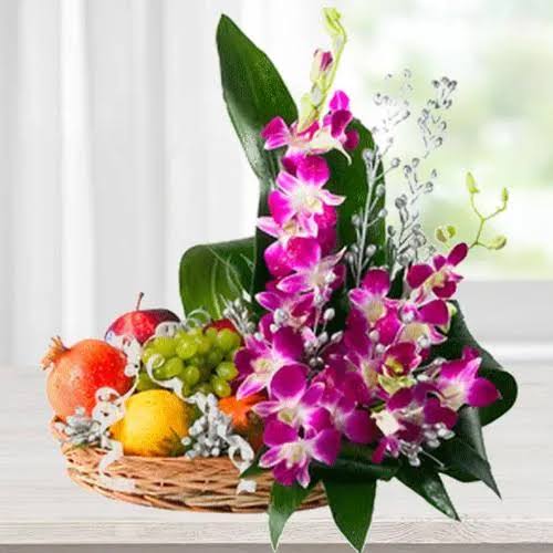 Orchids & Fresh Fruits Basket