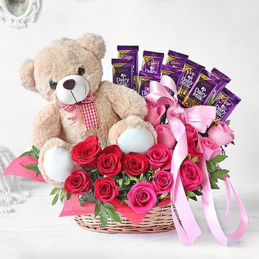 Basket of Roses, Cadbury's Chocolates & Teddy