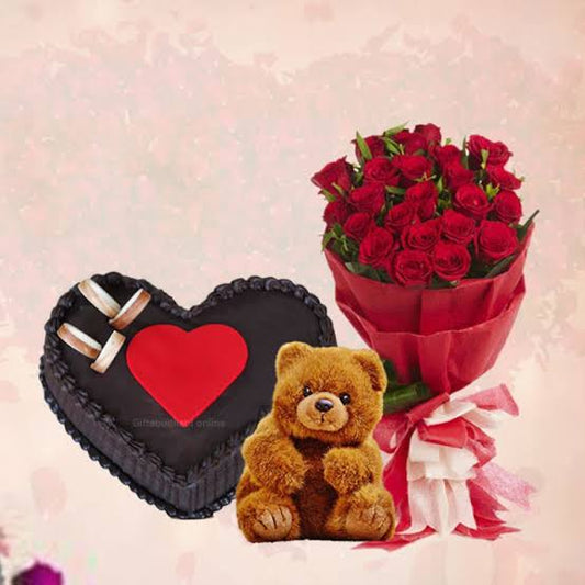 12 Roses 1/2kg Heart shaped Cake & Teddy