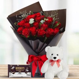 Bouquet of 12 Roses, a Hersheys Chocolate and a Teddy
